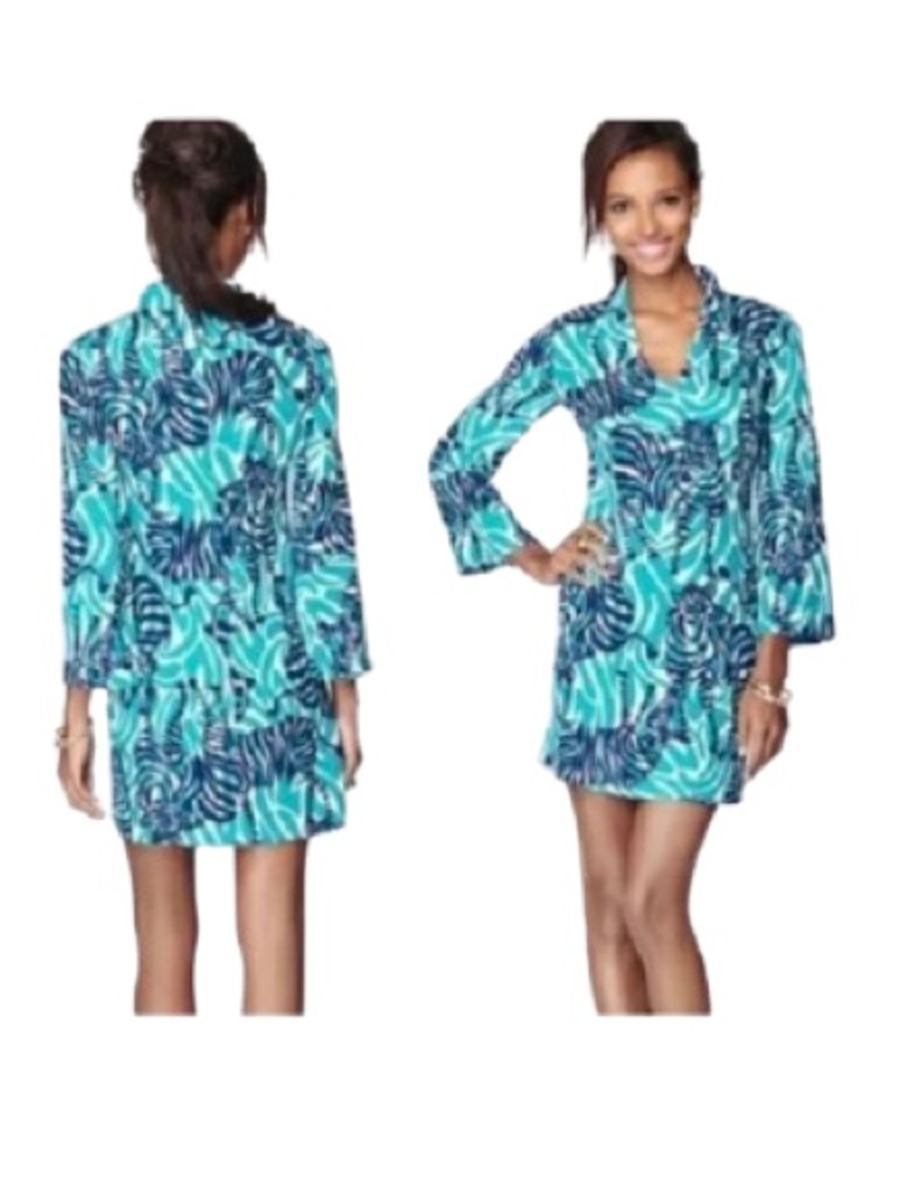 Women's 2 Lilly Pulitzer Devina Tunic Zebra Dress Teal White Funky Print - Picture 2 of 11